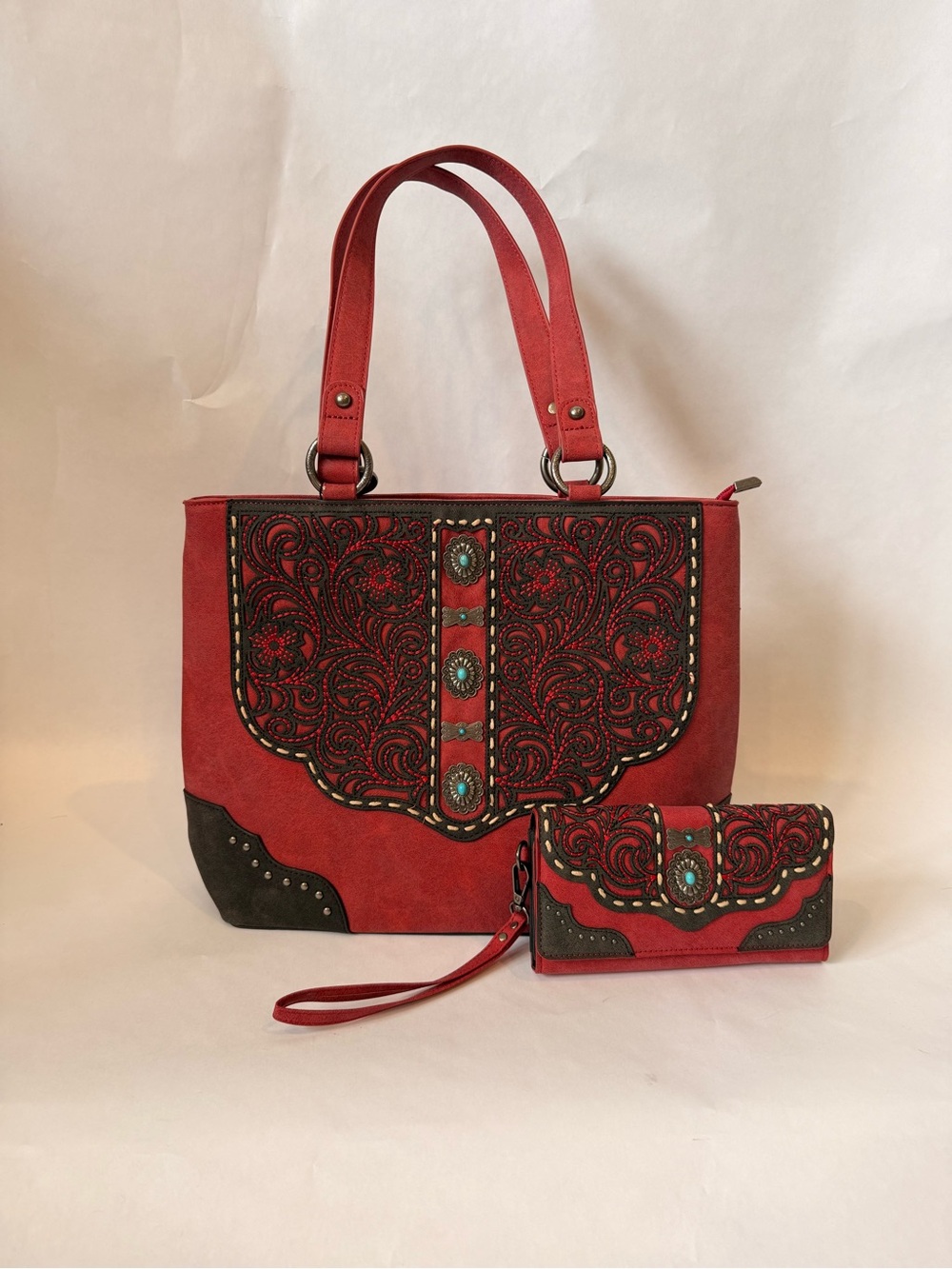 Montana West Red and Black Embroidered Tote with Matching Wallet